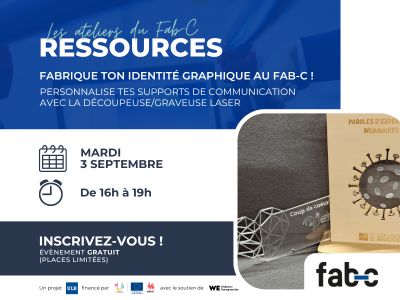 Visuel présentant les informations pour l'atelier pratique sur la découpeuse-graveuse laser donnée le 3 septembre 2024 de 16h à 19h au Fab-C. L'inscription est obligatoire via un lien disponible dans la page de l'évènement.