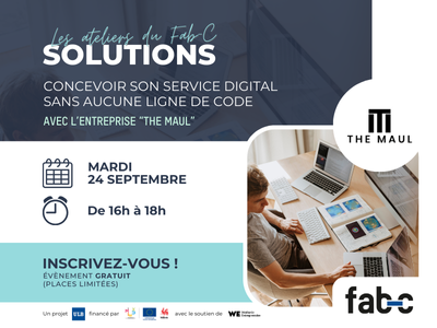 Visuel pour l'atelier de prototypage digital no code donné par l'entreprise The Maul au Fab-C le mardi 24 septembre de 16 heures à 18 heures