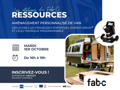 Visuel pour l'atelier de découverte de la Shaper Origin et de l'électronique programmable donné au Fab-C à Charleroi le mardi 1er octobre de 16 heures à 19 heures